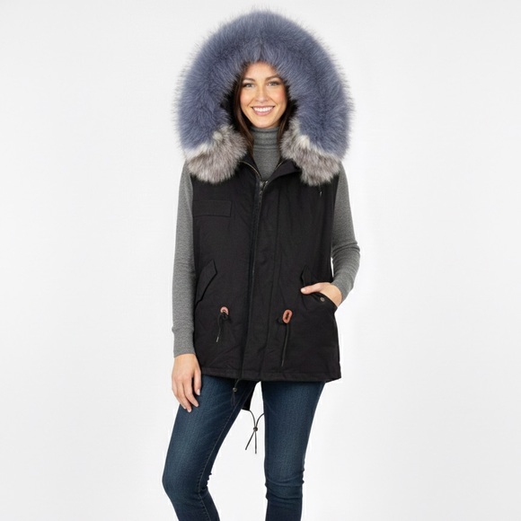NWT Ava & Kris Black Ali Vest Fur Collar Bone Grey Utility Sz S